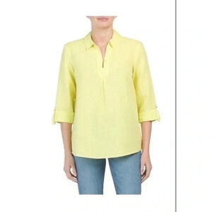 Ellen Tracy linen blend split V inverted pleat shirt Large